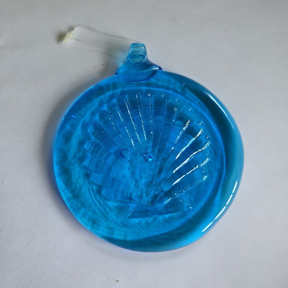 Cobalt Sky Blue Glass Seashell Suncatcher Window Hanging 4" Coastal Decor